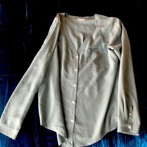 AG silk long sleeve button down v neck with double button sleeve & front pocket